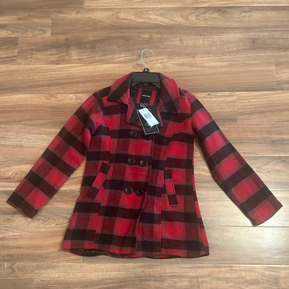 Me Jane Red and Black Plaid Pea Coat